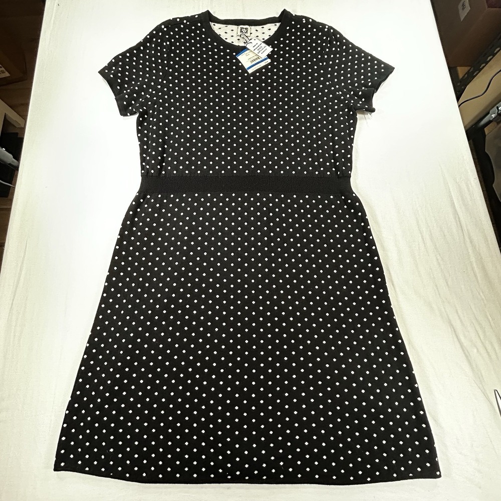 NEW Anne Klein Jersey Knit Dress XL Black White Polka Dot Stretch Cotten Blend